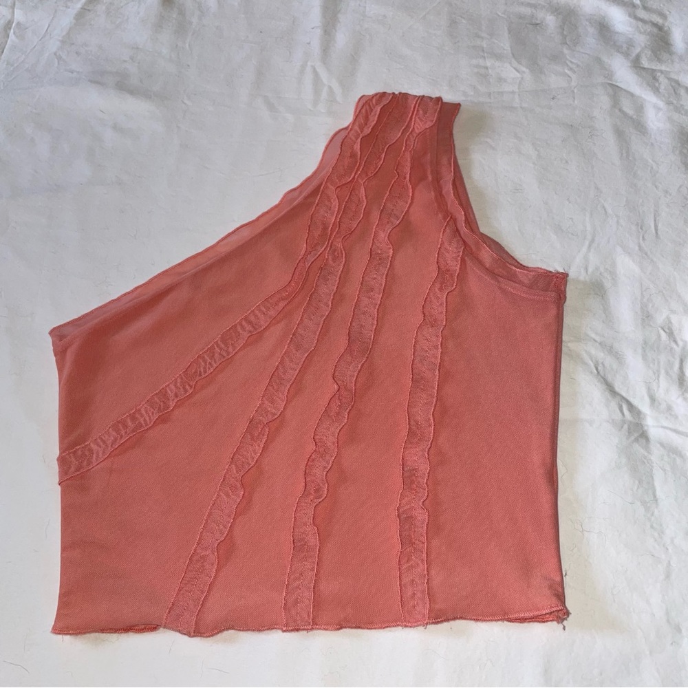 Asymmetrical peach, lined, one shoulder ruffled top size small